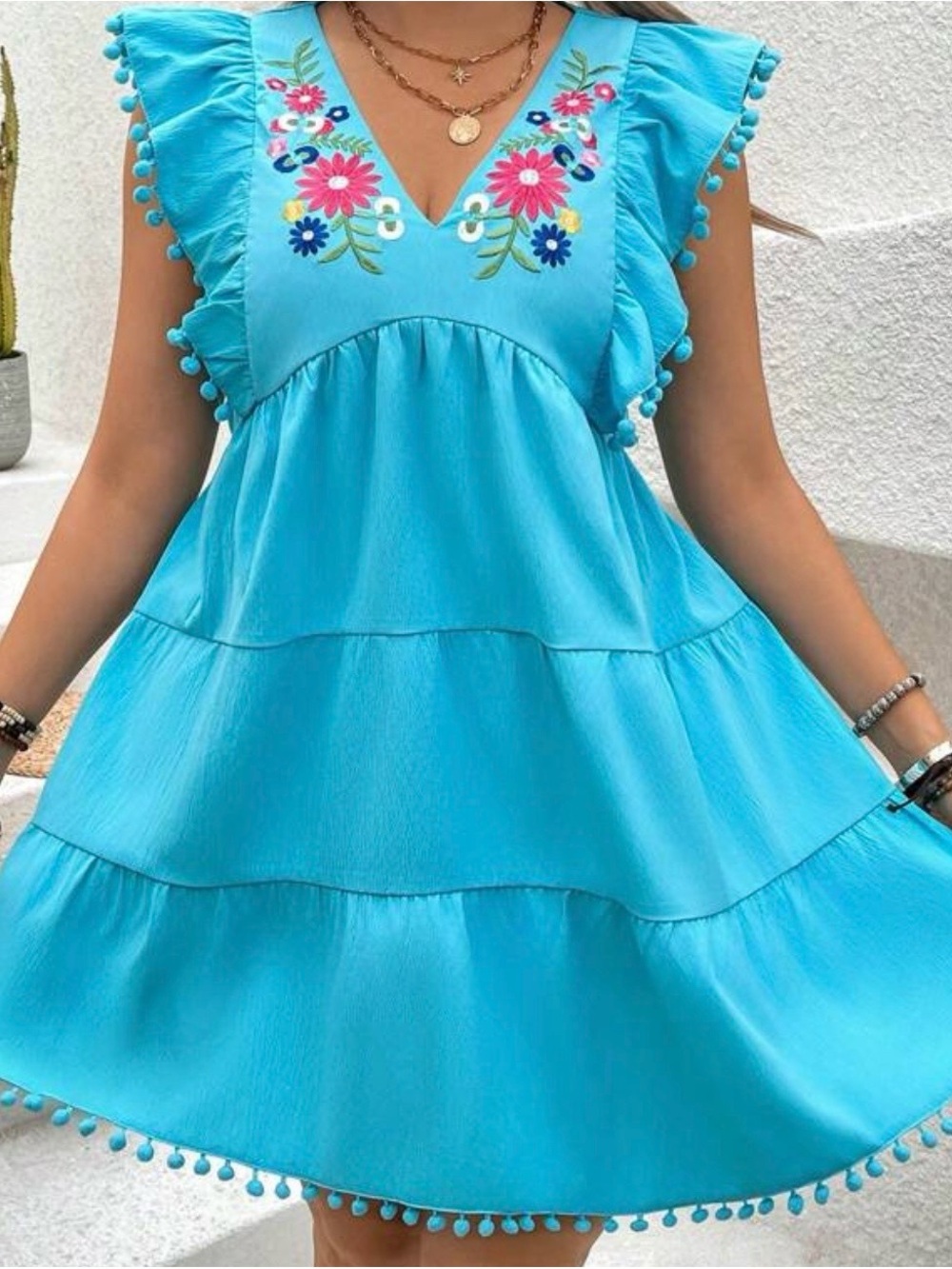 Turquoise Embroidered Tiered Maxi Dress with Pom-Trim